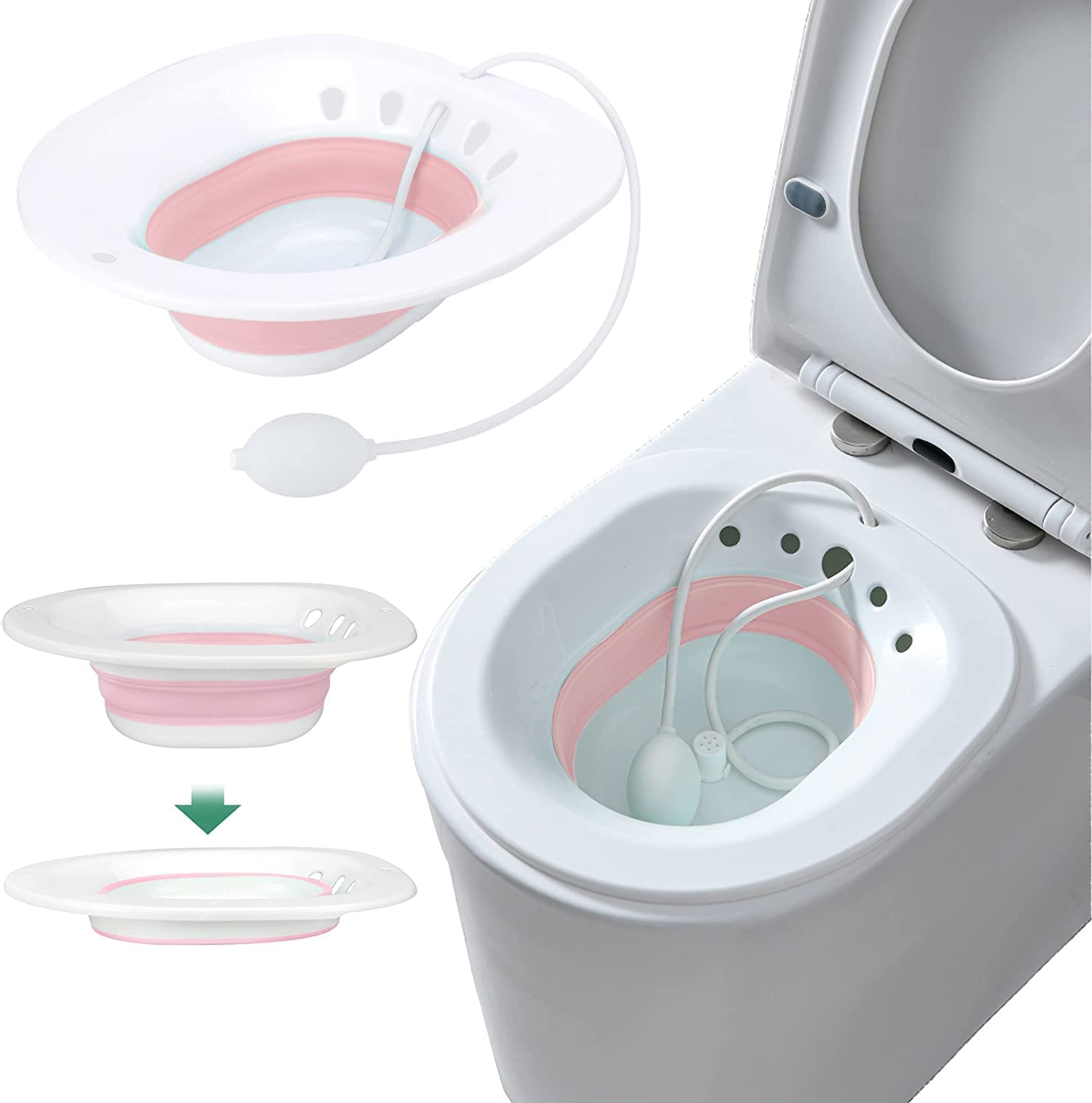 Sitz Bath, Sitz Bath for Hemorrhoids, Sitz Bath for Toilet Seat, Postpartum Care, Sits Bath Kit for Women, Collapsible, Flusher Hose, Drain Holes, Wider Seating Area, Deeper Bowl
